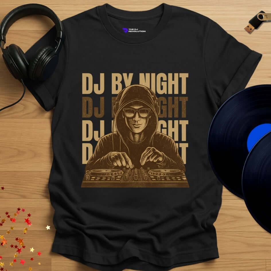 Unisex DJ T-shirt, 'DJ By Night' design in black, front view
