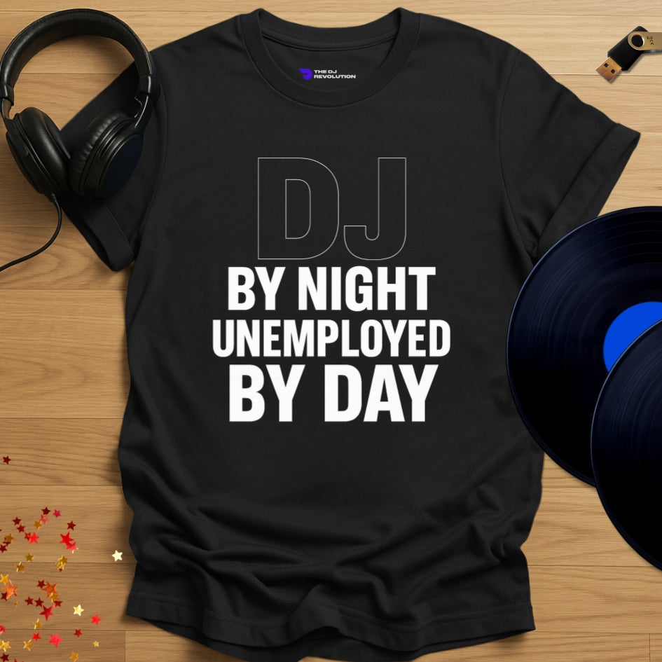 'DJ By Night', funny DJ T-shirt in black, front view