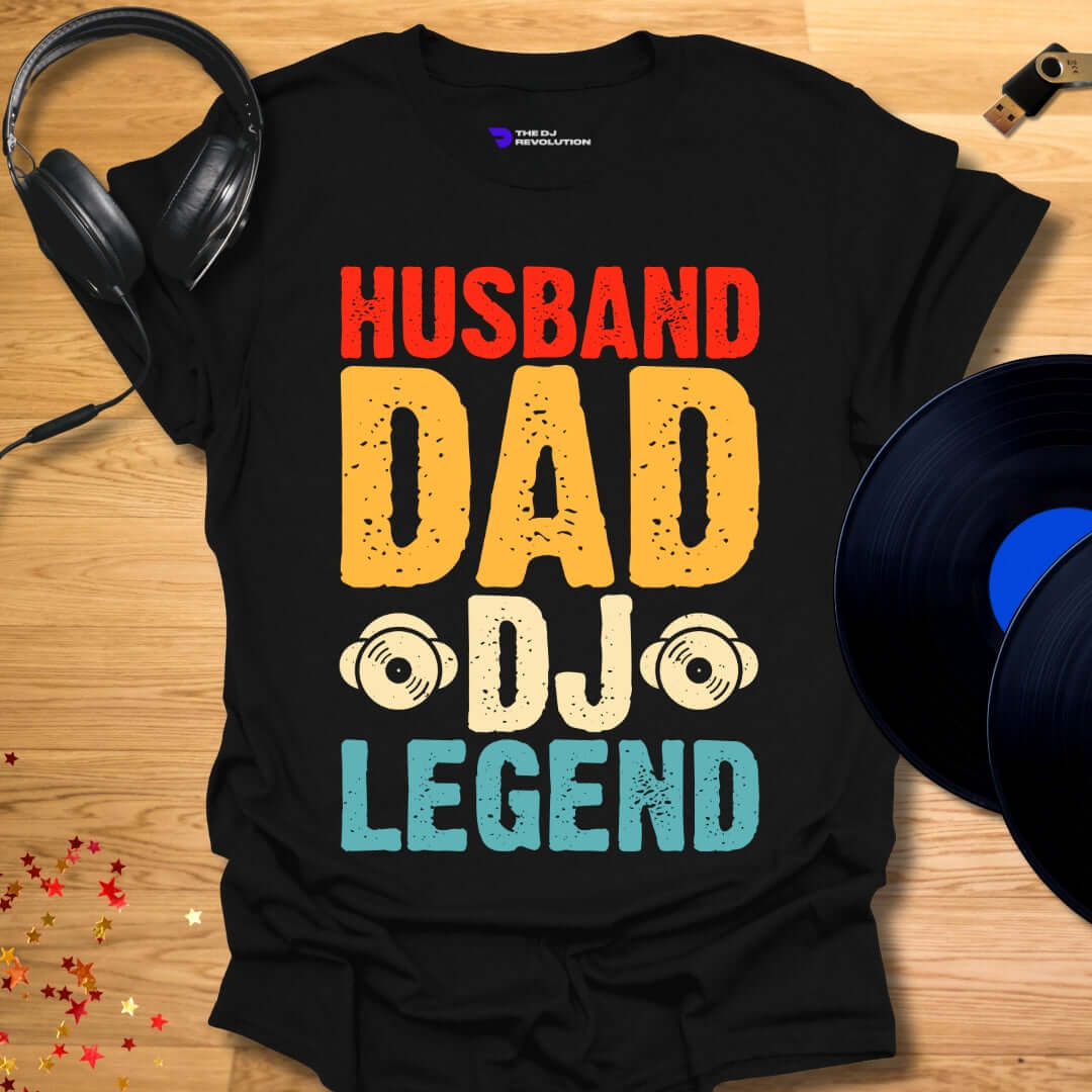 Funny DJ T-shirt, 'Husband DJ Legend' design in black, front view