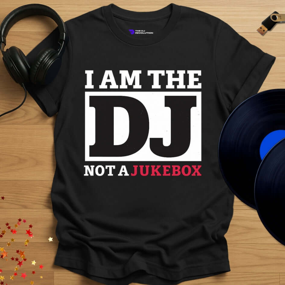 Funny DJ T-shirt, 'I’m Not A Jukebox' design in black, front view