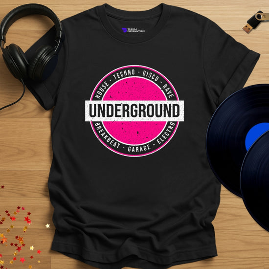 Clubbing DJ T-shirt, 'London Underground' design in black, front view