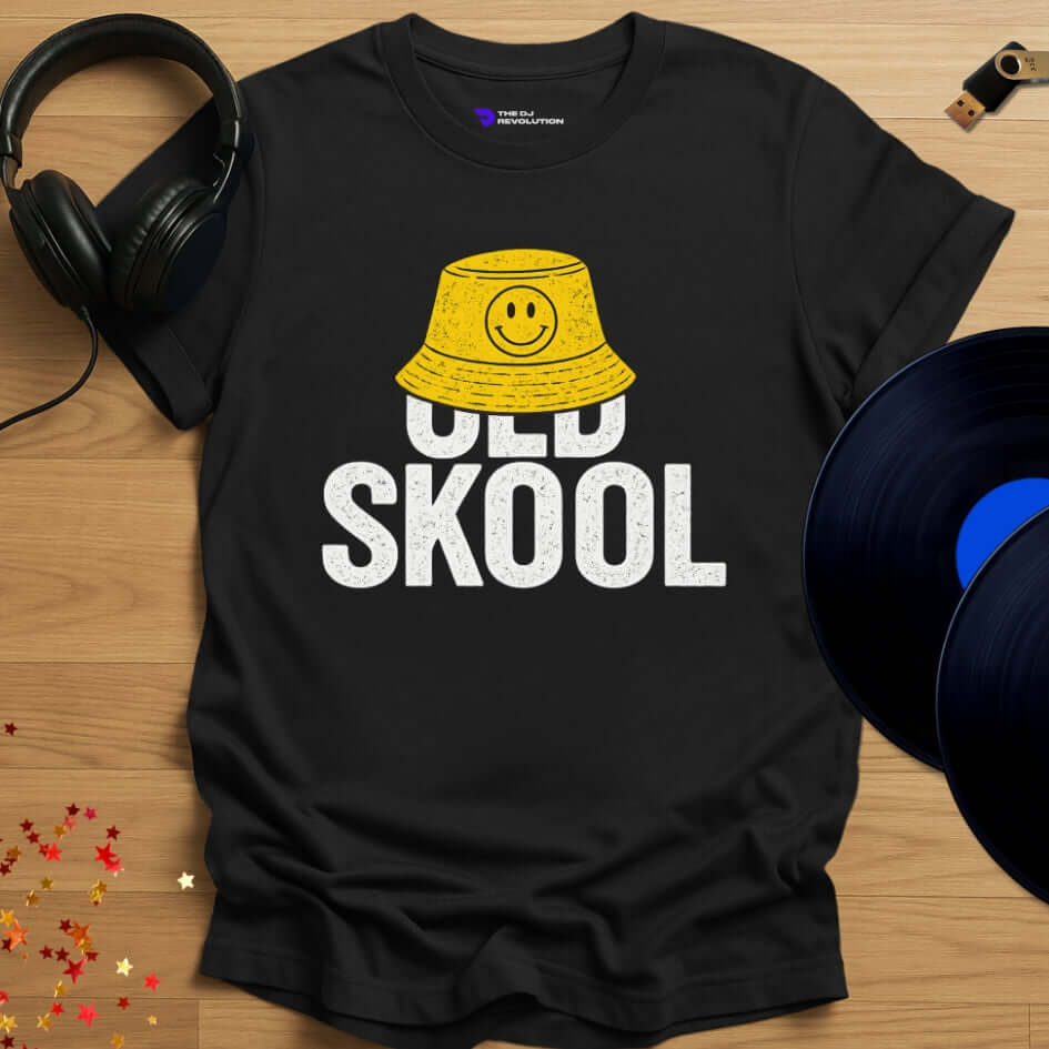 Rave DJ T-shirt, 'Old Skool Lover' design in black, front view