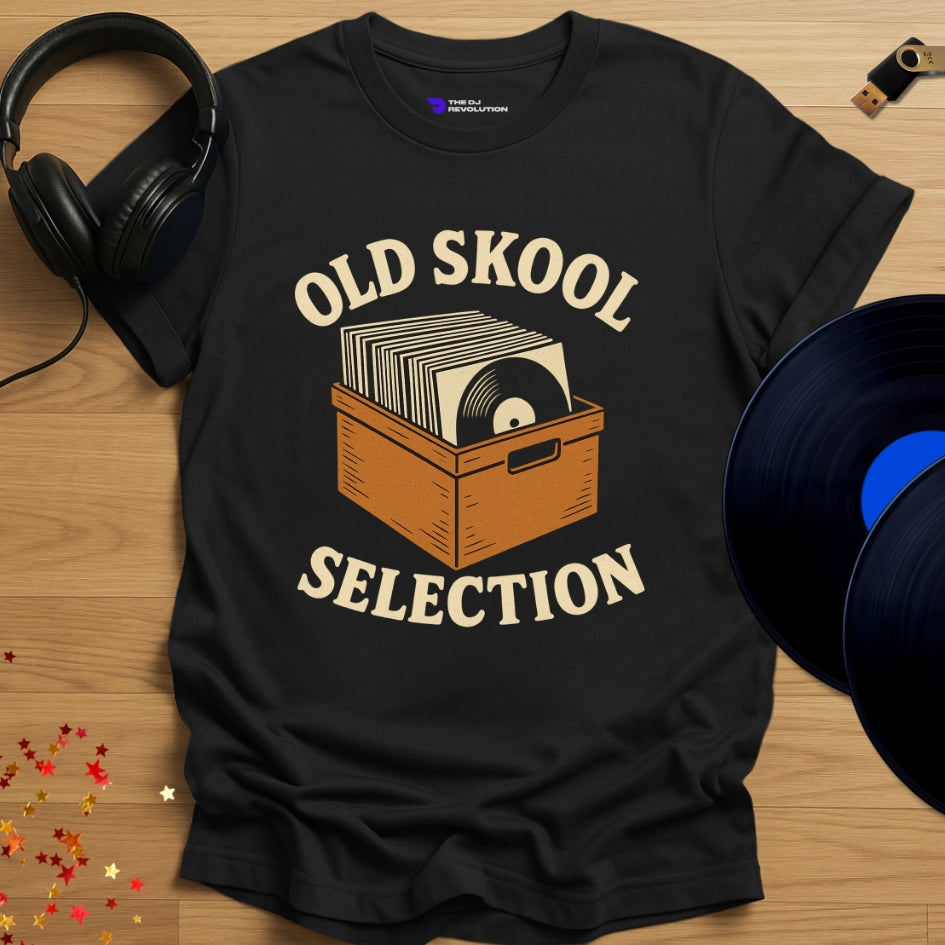 Vinyl DJ T-shirt, 'Old Skool Selection' design in black, front view