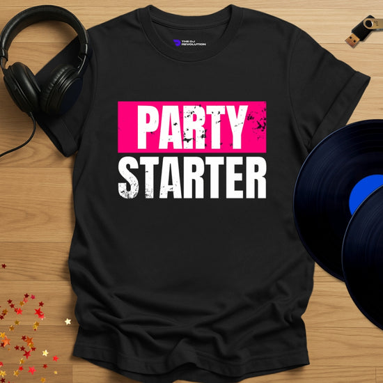 Unisex DJ T-shirt, 'Party Starter' design in black, front view