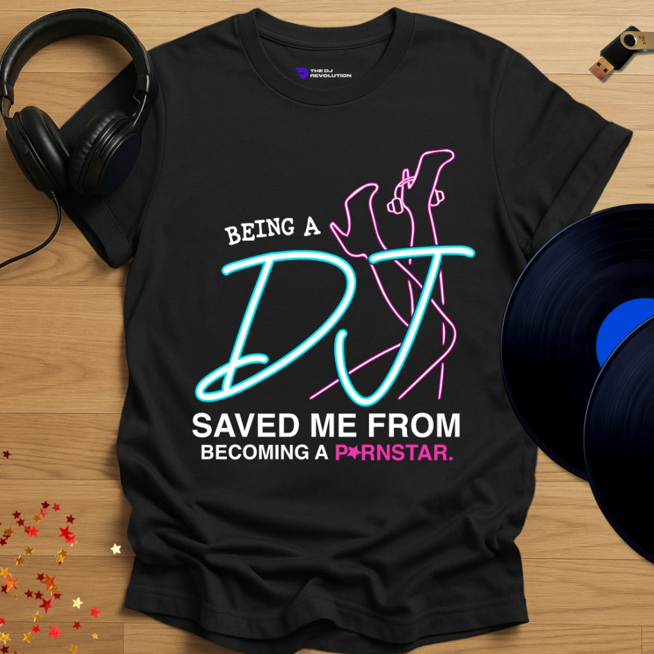 Funny DJ T-shirt, 'Pornstar DJ' design in black, front view