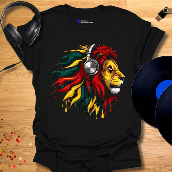 Unisex DJ T-shirt, 'Rasta Lion' design in black, front view