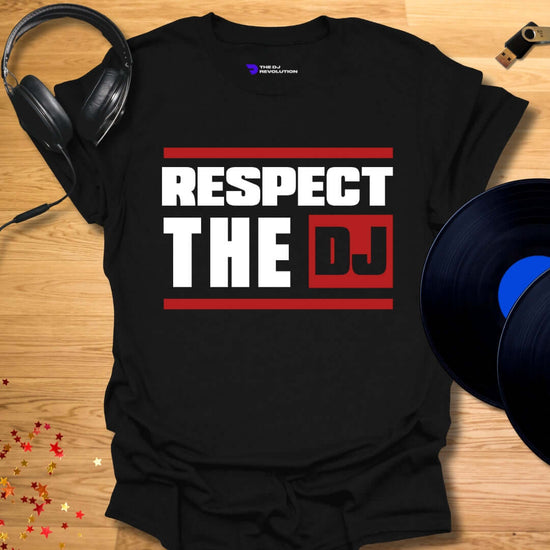 Unisex DJ T-shirt, 'Respect The DJ' design in black, front view