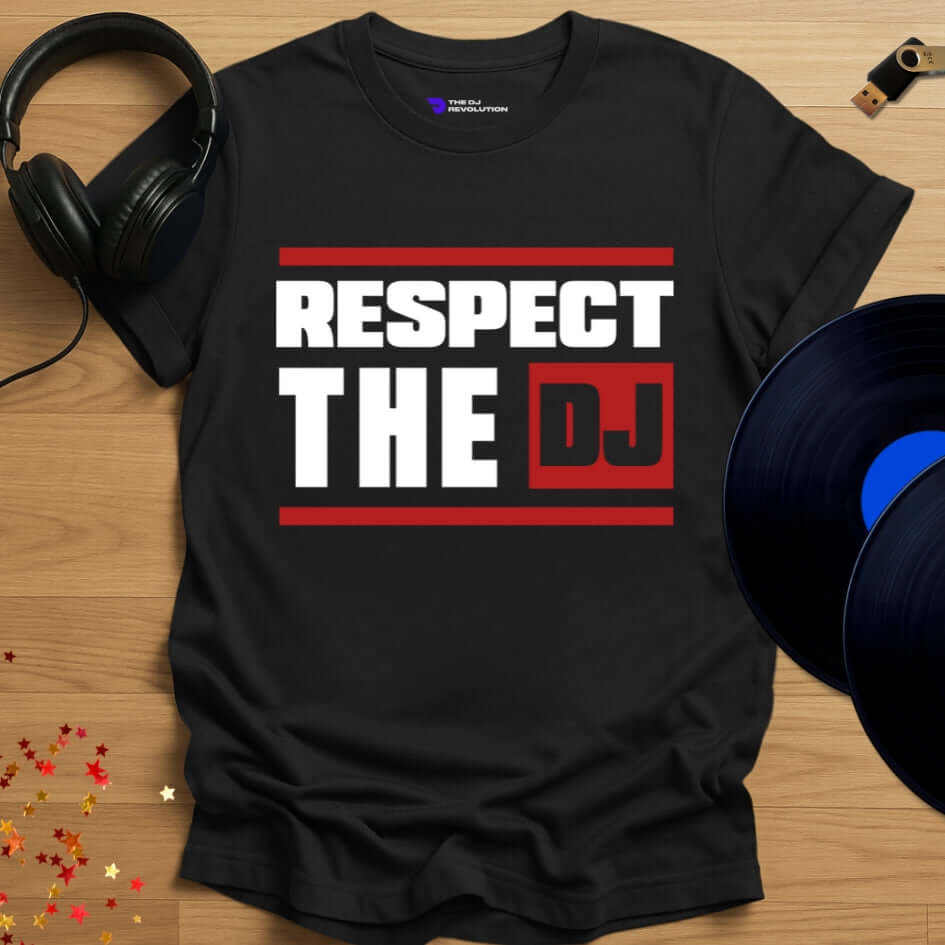 Unisex DJ T-shirt, 'Respect The DJ' design in black, front view