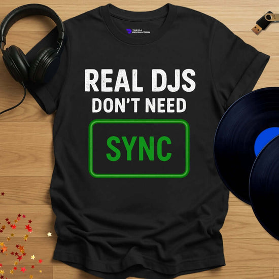 Sync button DJ T-shirt, 'Sync Button Tee' design in black, front view