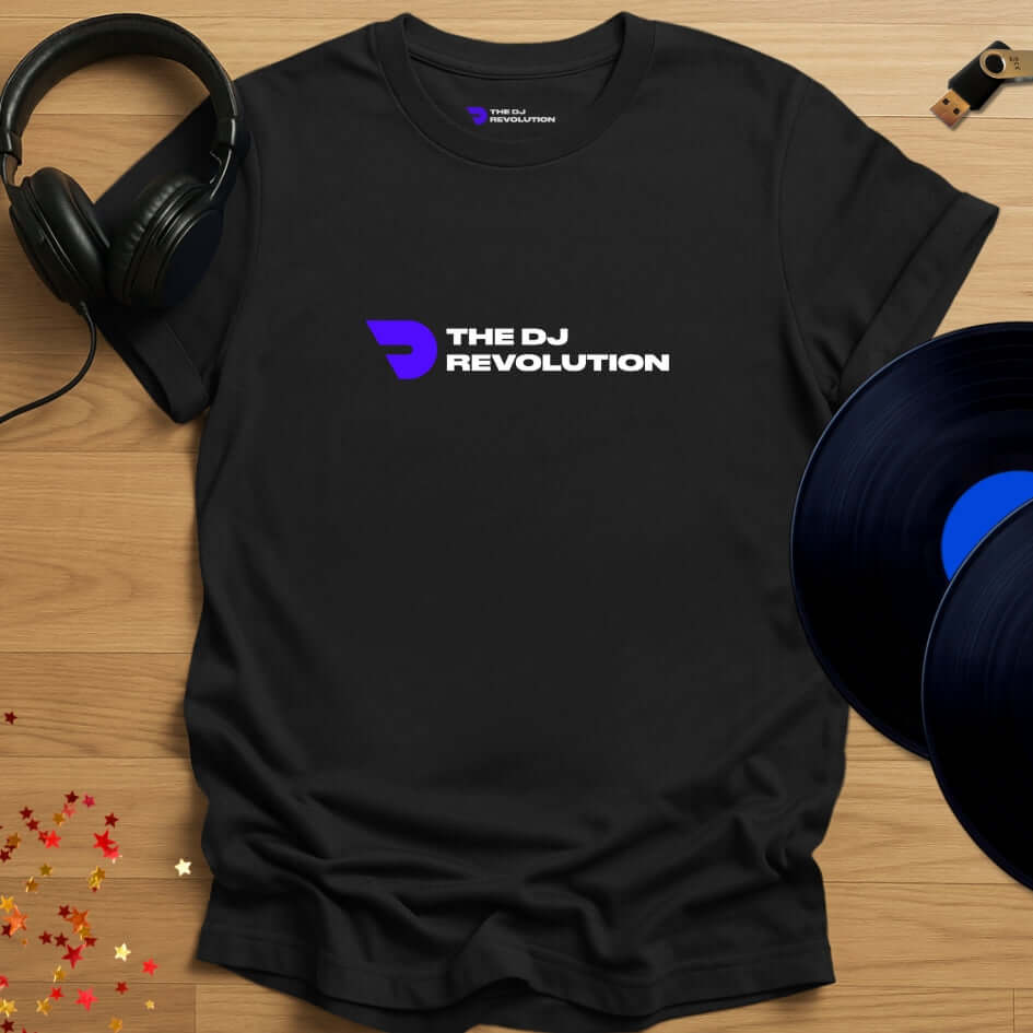 Unisex DJ T-shirt, 'The DJ Revolution' design in black, front view