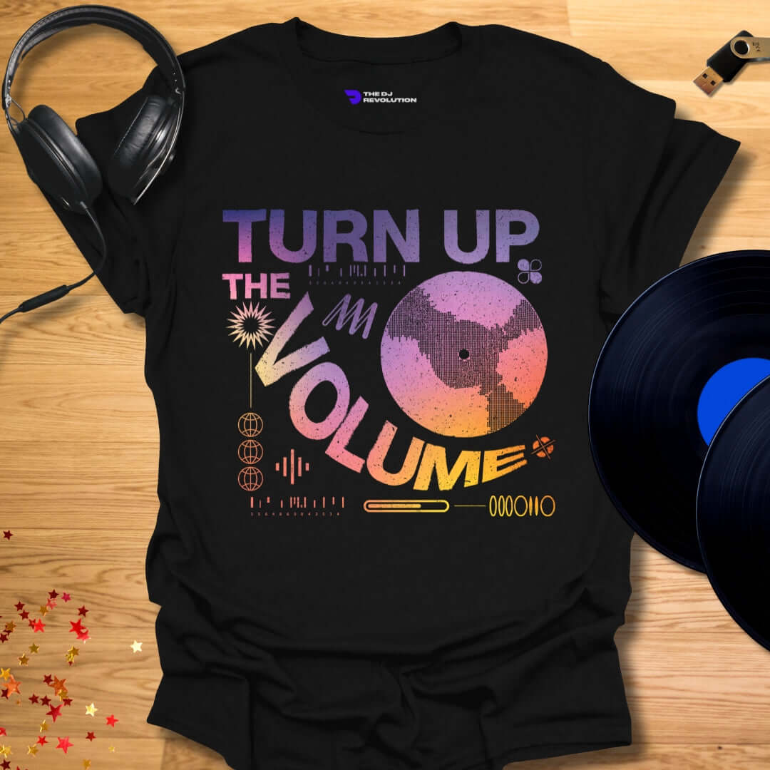 Unisex DJ T-shirt, 'Turn Up The Volume' design in black, front view