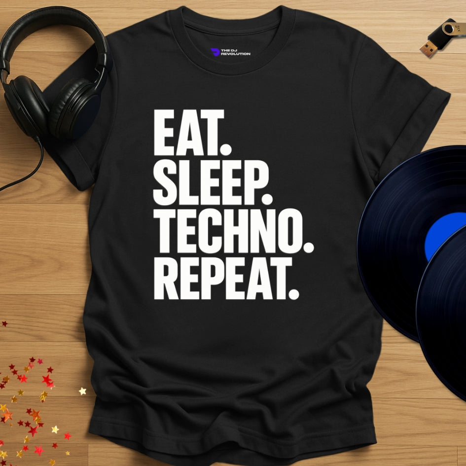 Eat Sleep Techno Repeat Techno T-shirt in black, front view