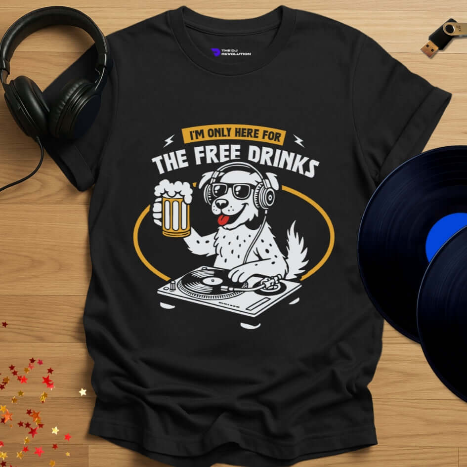 Funny DJ T-shirt, 'The Thirsty DJ' design in black, front view