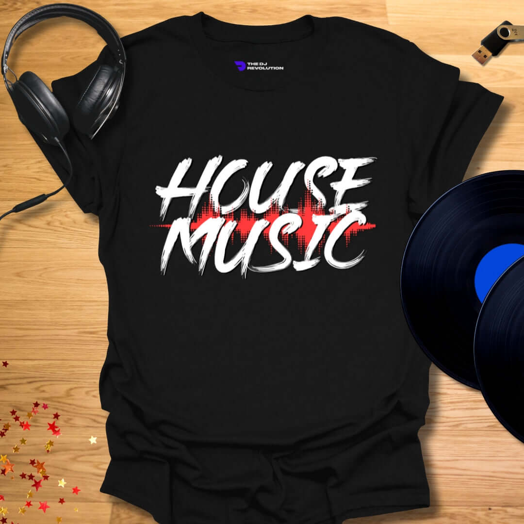 Unisex house music T-shirt, 'House Music' design in black, front view