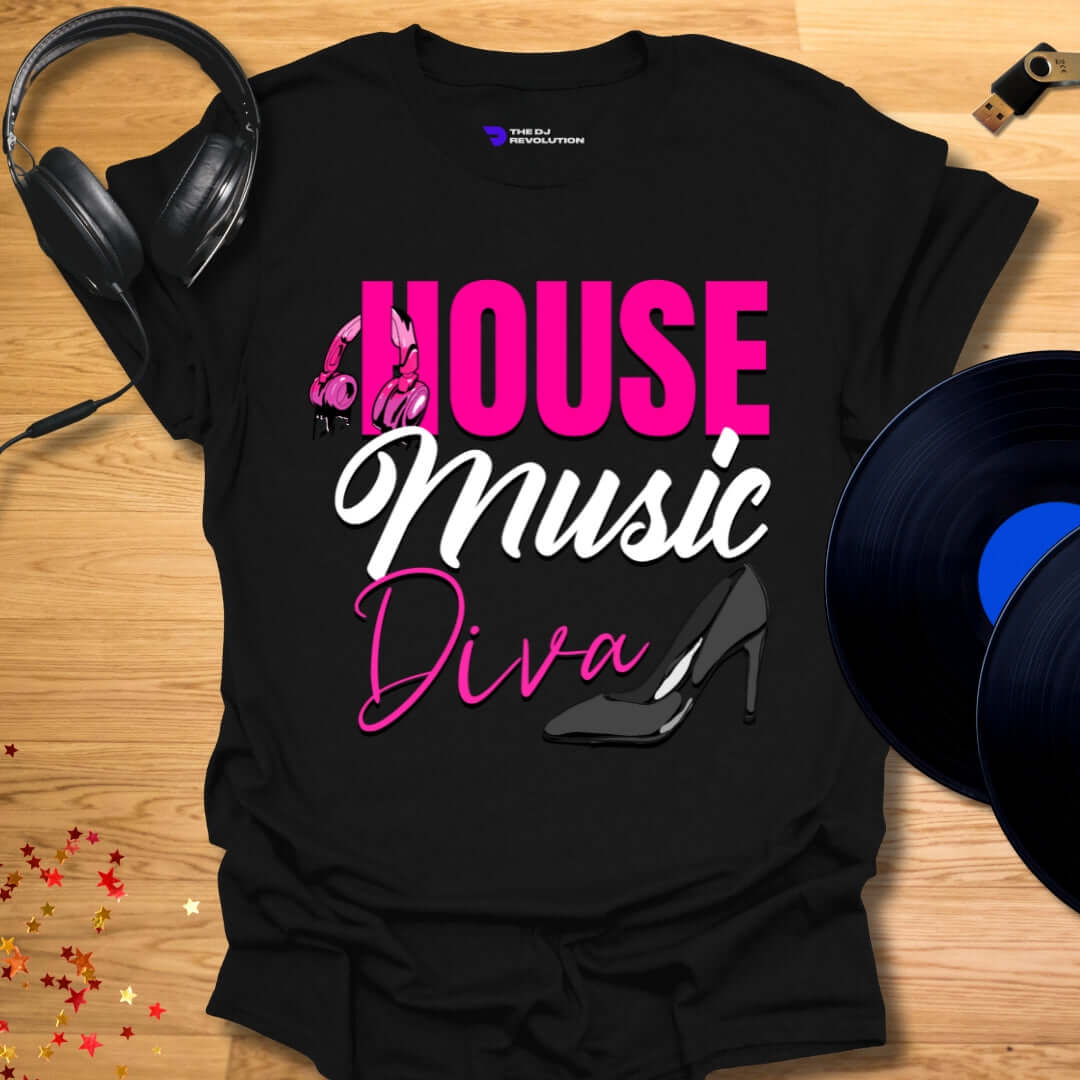 Unisex house music T-shirt, 'House Music Diva' design in black, front view