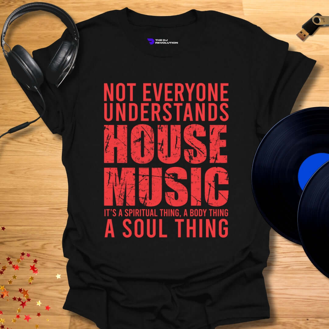 Unisex house music T-shirt, 'House Music Lover' design in black, front view