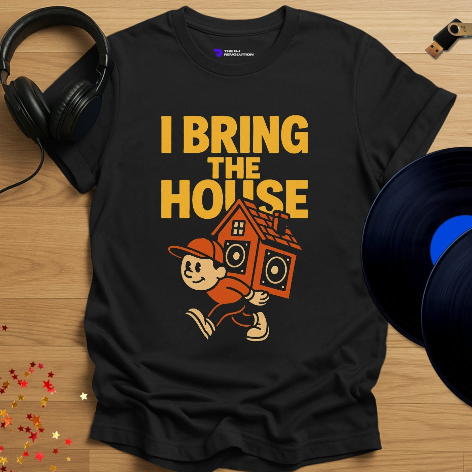 ‘I Bring the House’ house music T-shirt in black, front view