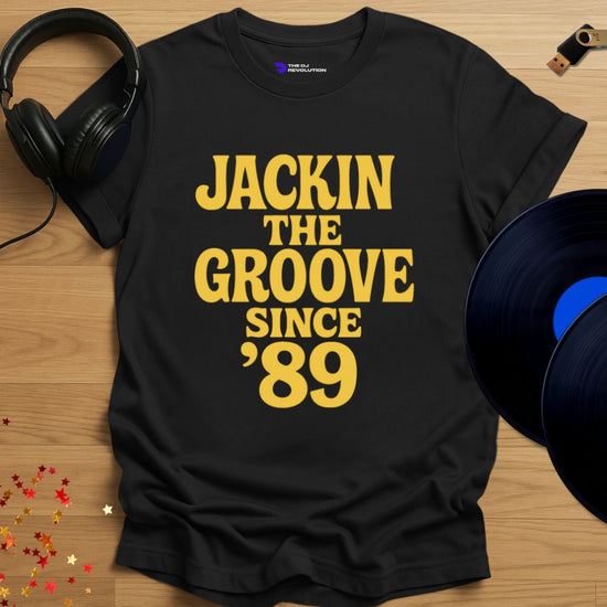 Jackin The Groove house music T-shirt in black, front view