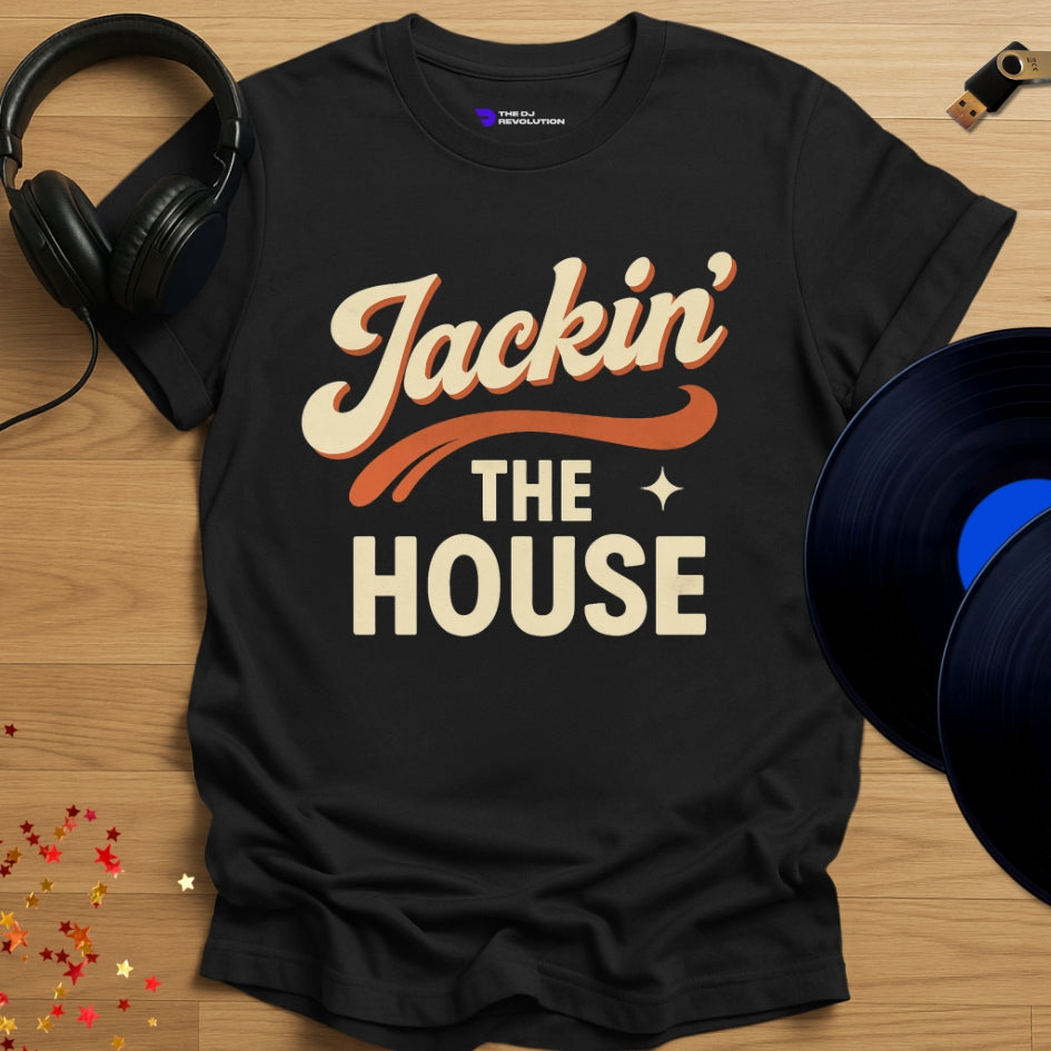 ‘Jackin The House’ house music T-shirt in black, front view