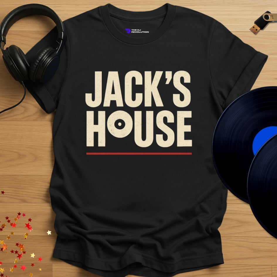 ‘Jack’s House’ house music T-shirt in black, front view