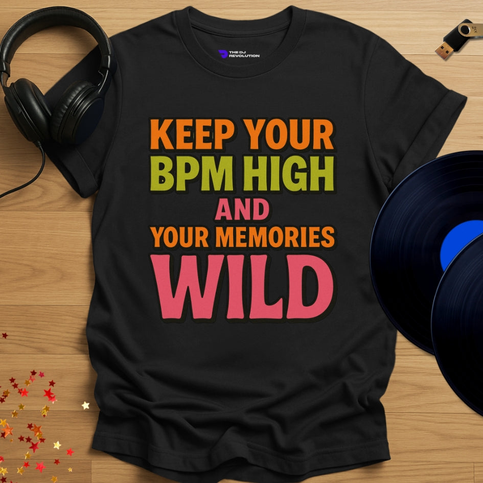 Keep Your BPM High house music T-shirt in black, front view