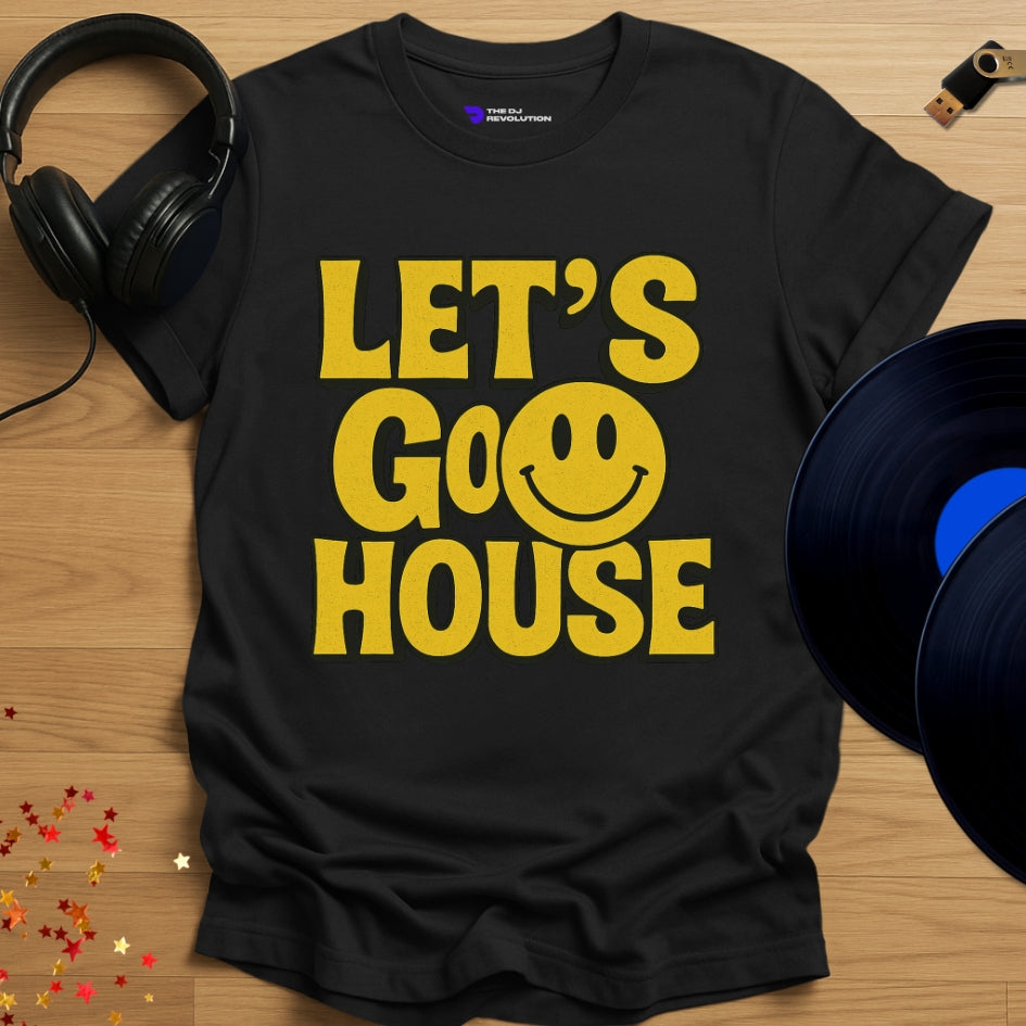 ‘Let’s Go House’ house music T-shirt in black, front view