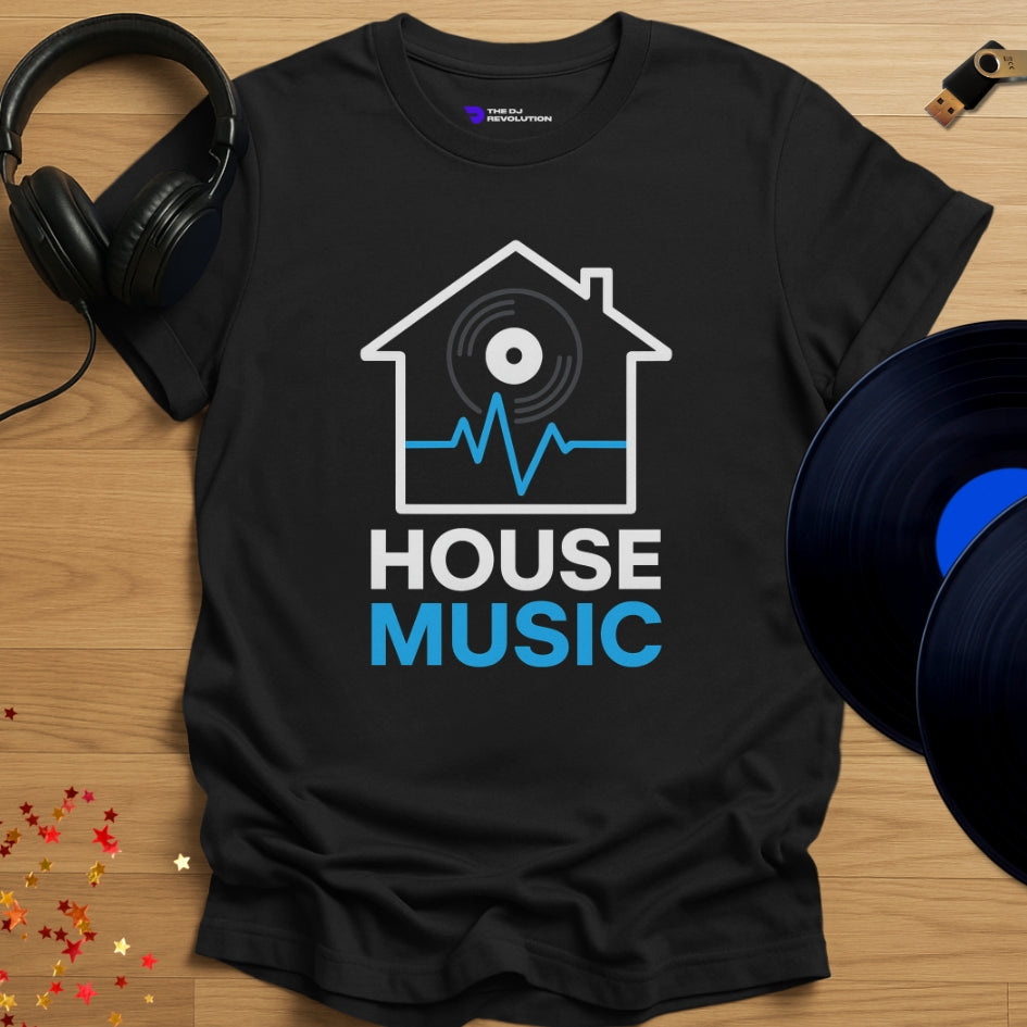 Living With House Music T-shirt in black, front view