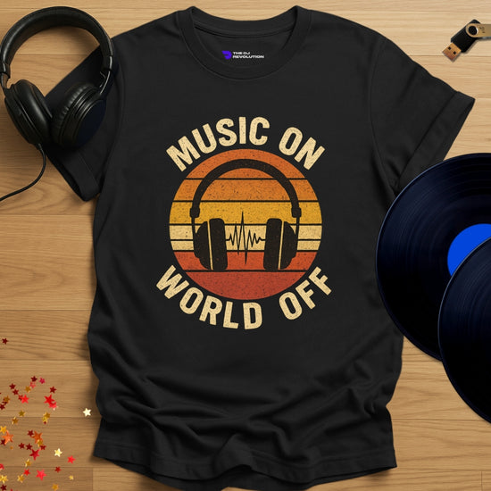 'Music On World Off' T-shirt in black, front view