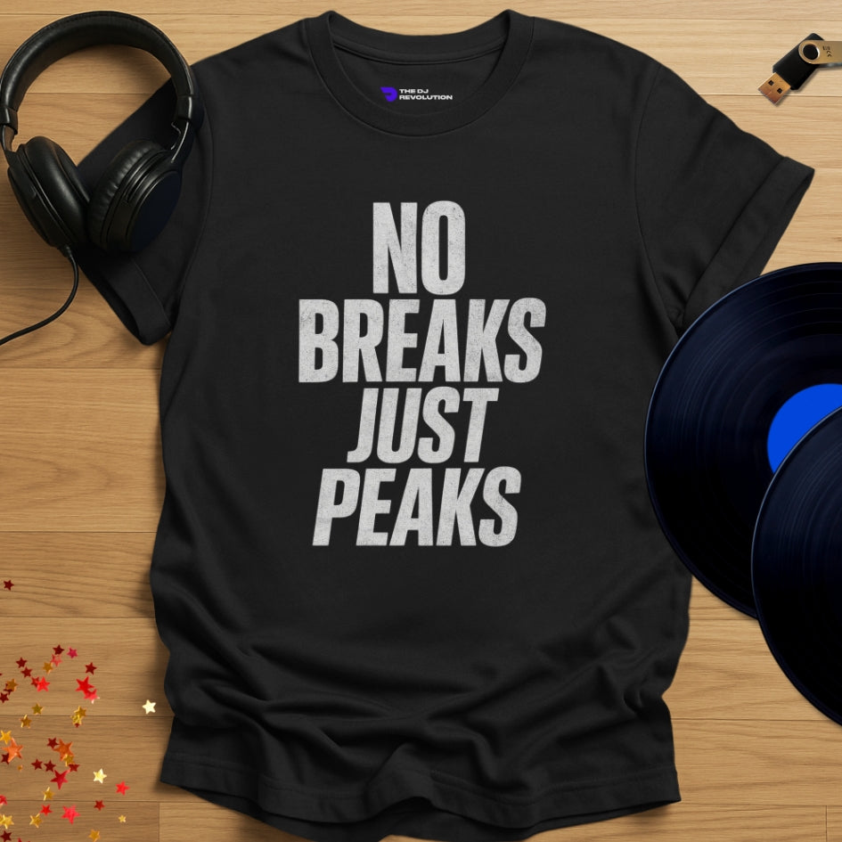 No Breaks Just Peaks Techno T-shirt in black, front view