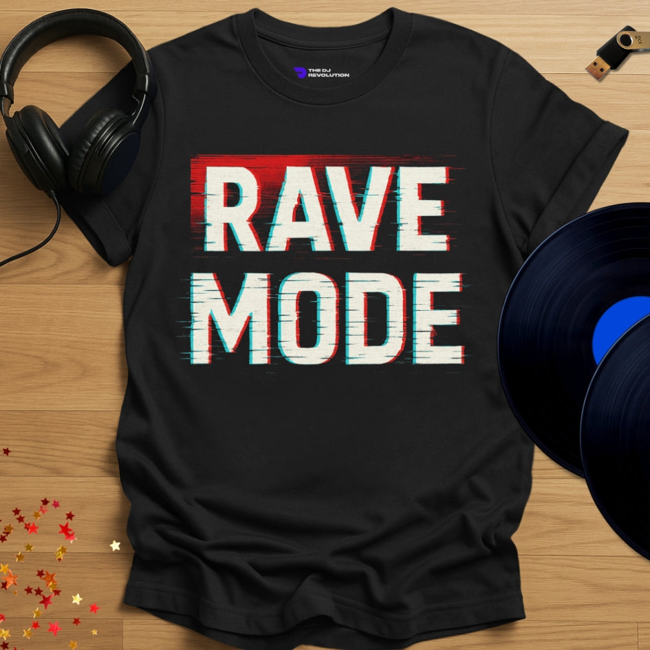 'Rave Mode', rave DJ T-shirt in black, front view