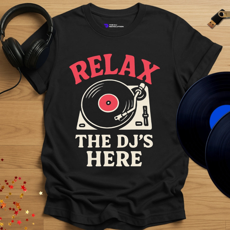 'Relax the DJs Here', funny DJ T-shirt in black, front view