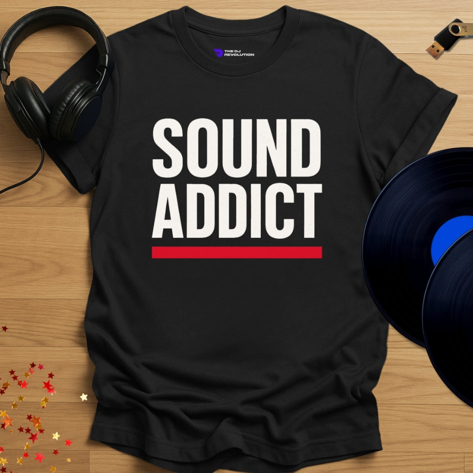 'Sound Addict', music lover DJ T-shirt in black, front view