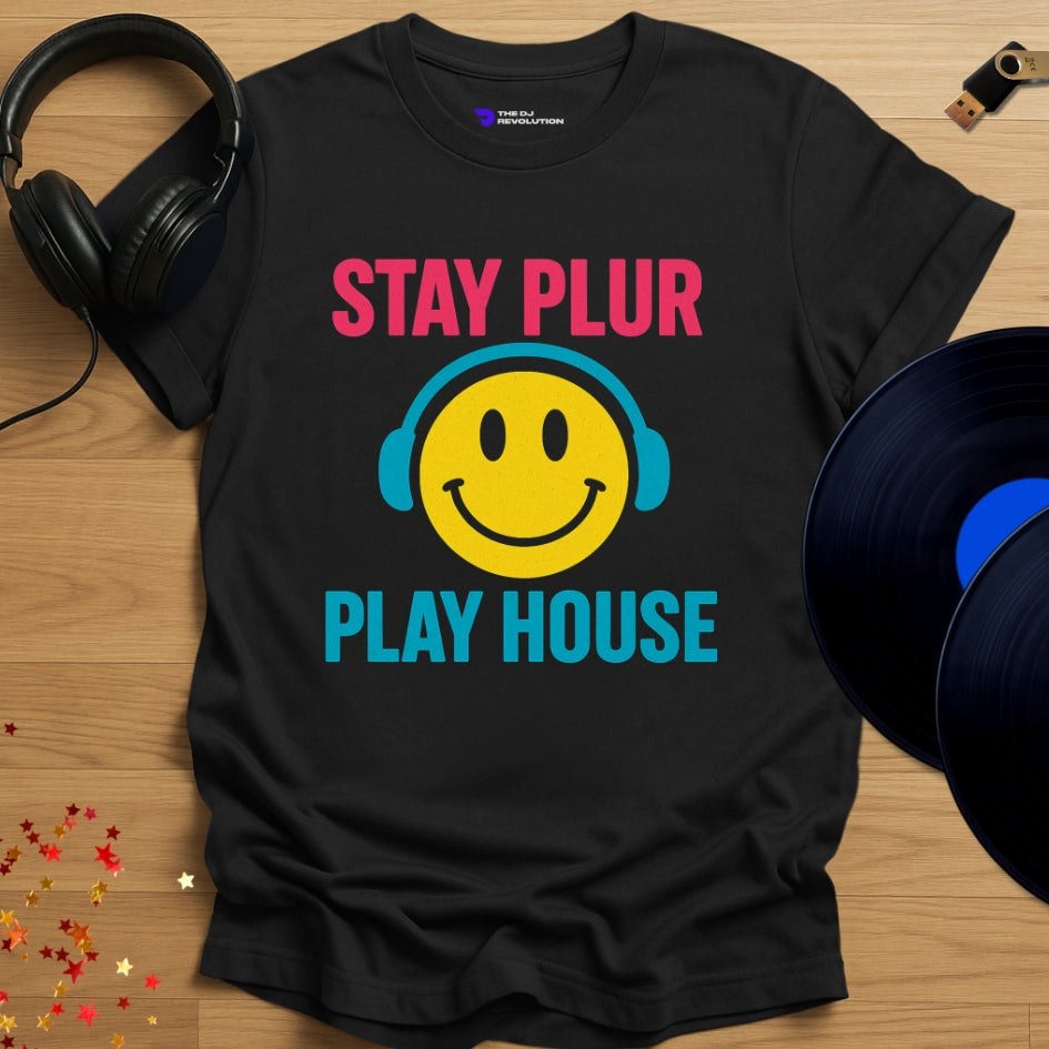 Stay PLUR house music T-shirt in black, front view