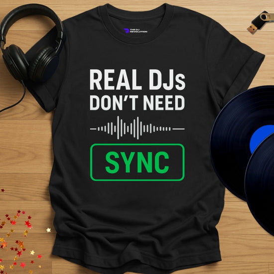 Sync button DJ T-shirt, 'Sync Button Tee' design in black, front view