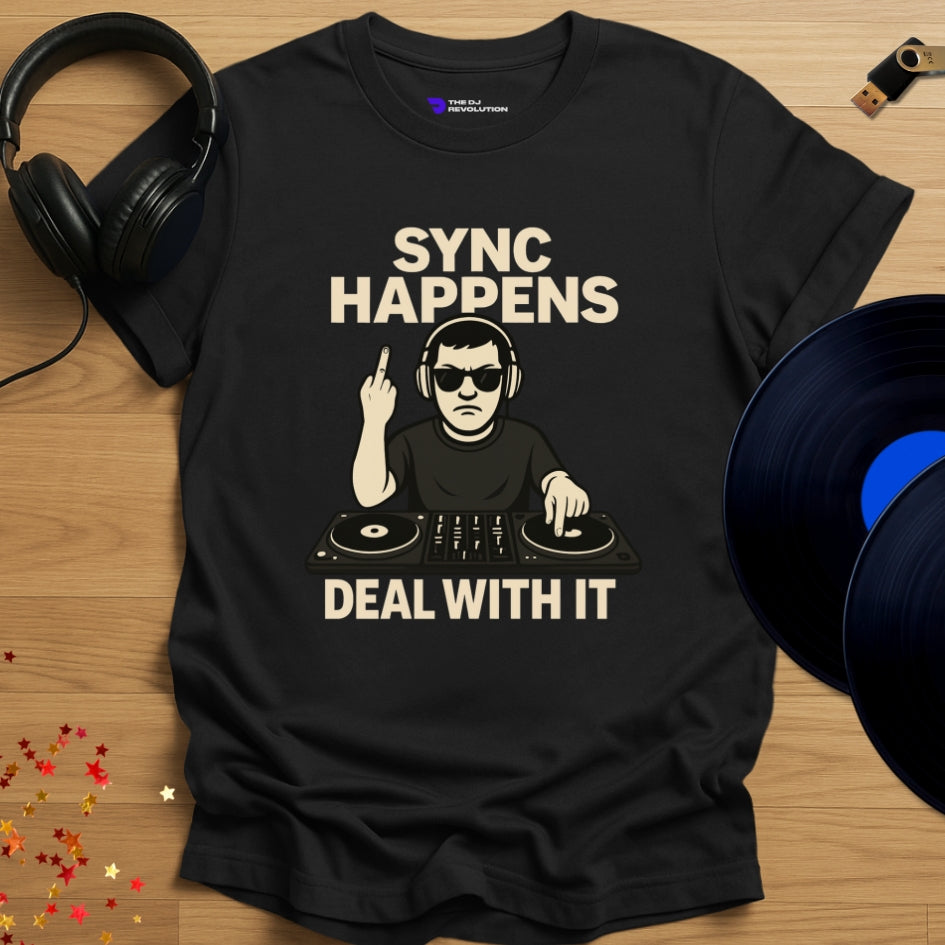 'Sync Happens' funny DJ T-shirt design in black, front view