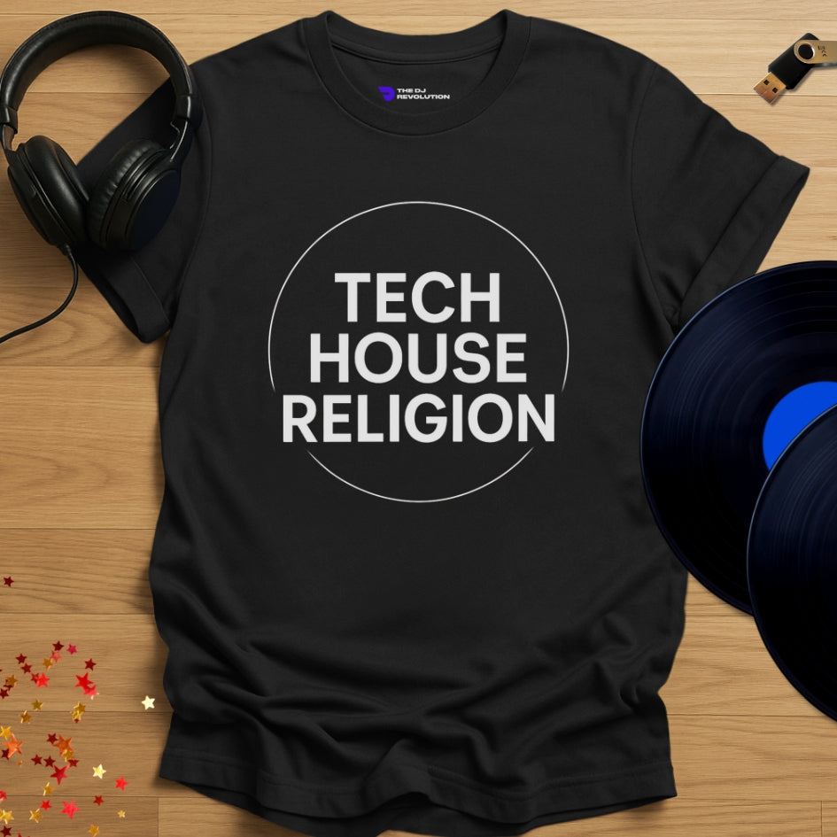 Tech House Religion house music T-shirt in black, front view
