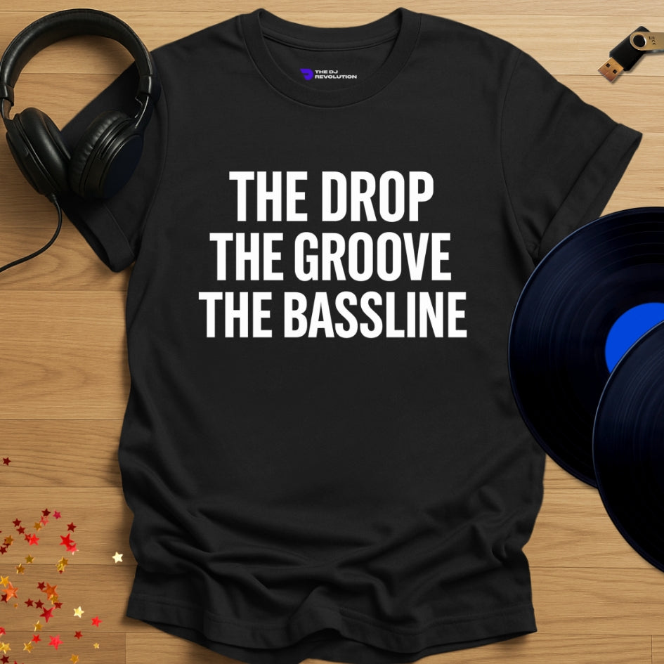 The Bassline house music T-shirt in black, front view