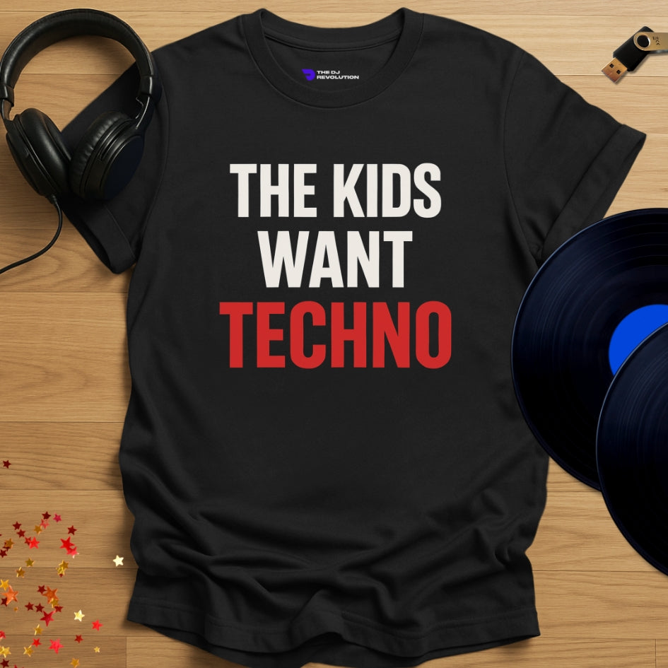 The Kids Want Techno T-shirt in black, front view