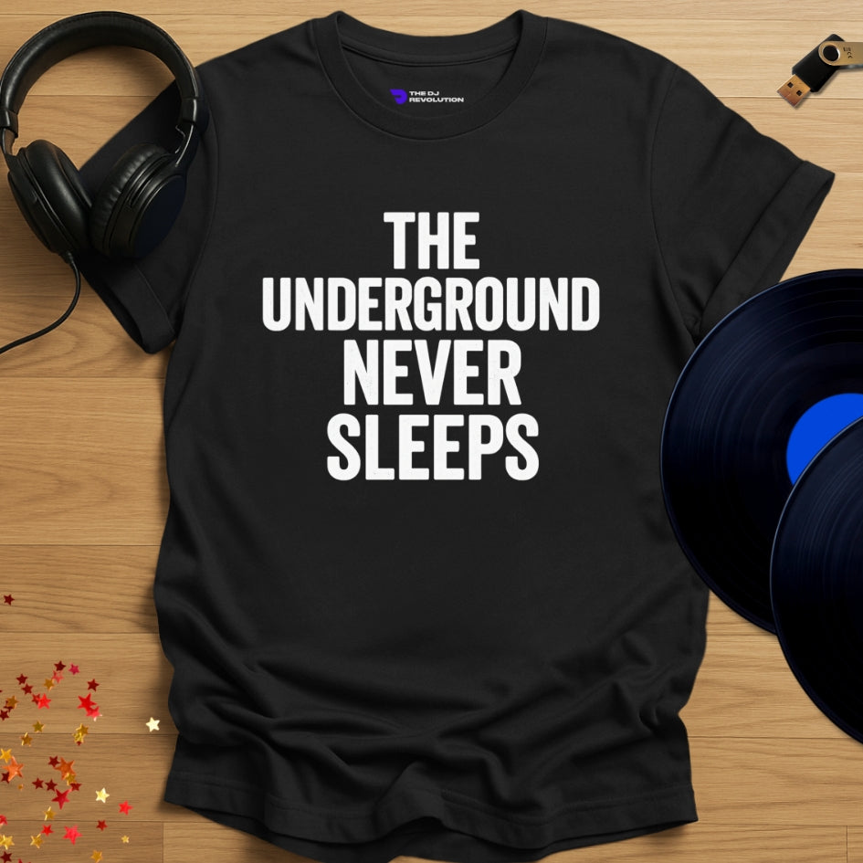The Underground Never Sleeps Techno T-shirt in black, front view