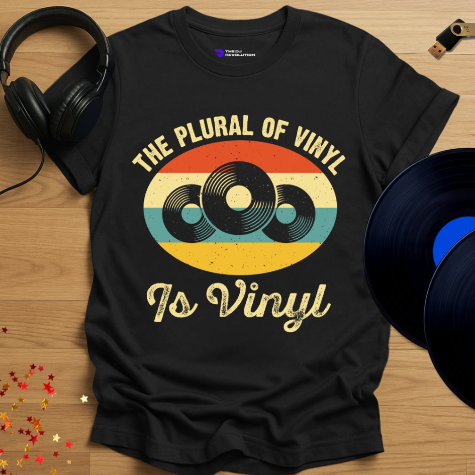 Vinyl enthusiast DJ T-shirt, 'The Plural of Vinyl' design in black, front view