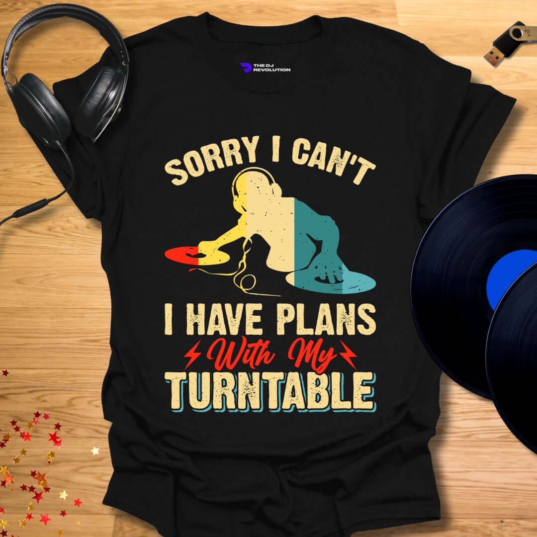 Turntable enthusiast DJ T-shirt, 'Turntable Plans' design in black, front view