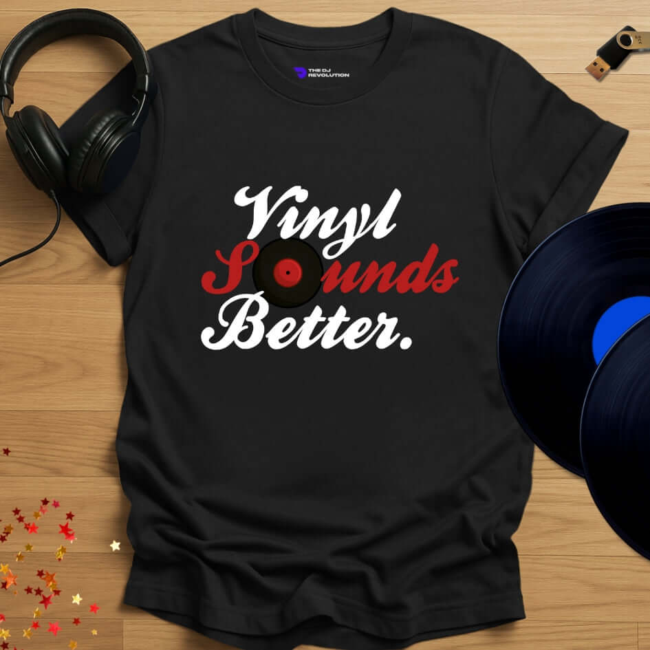 Vinyl DJ T-shirt, 'Vinyl Sounds Better' design in black, front view