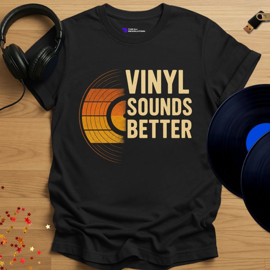 'Vinyl Sounds Better', vinyl DJ T-shirt in black, front view