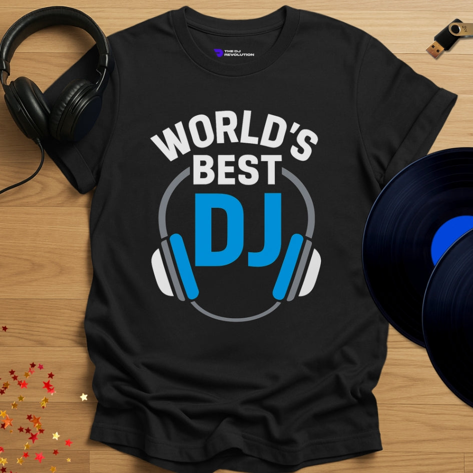 'World’s Best DJ', funny DJ T-shirt in black, front view