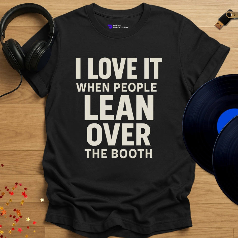 'Booth Leaners', funny sarcastic DJ T-shirt in black, front view