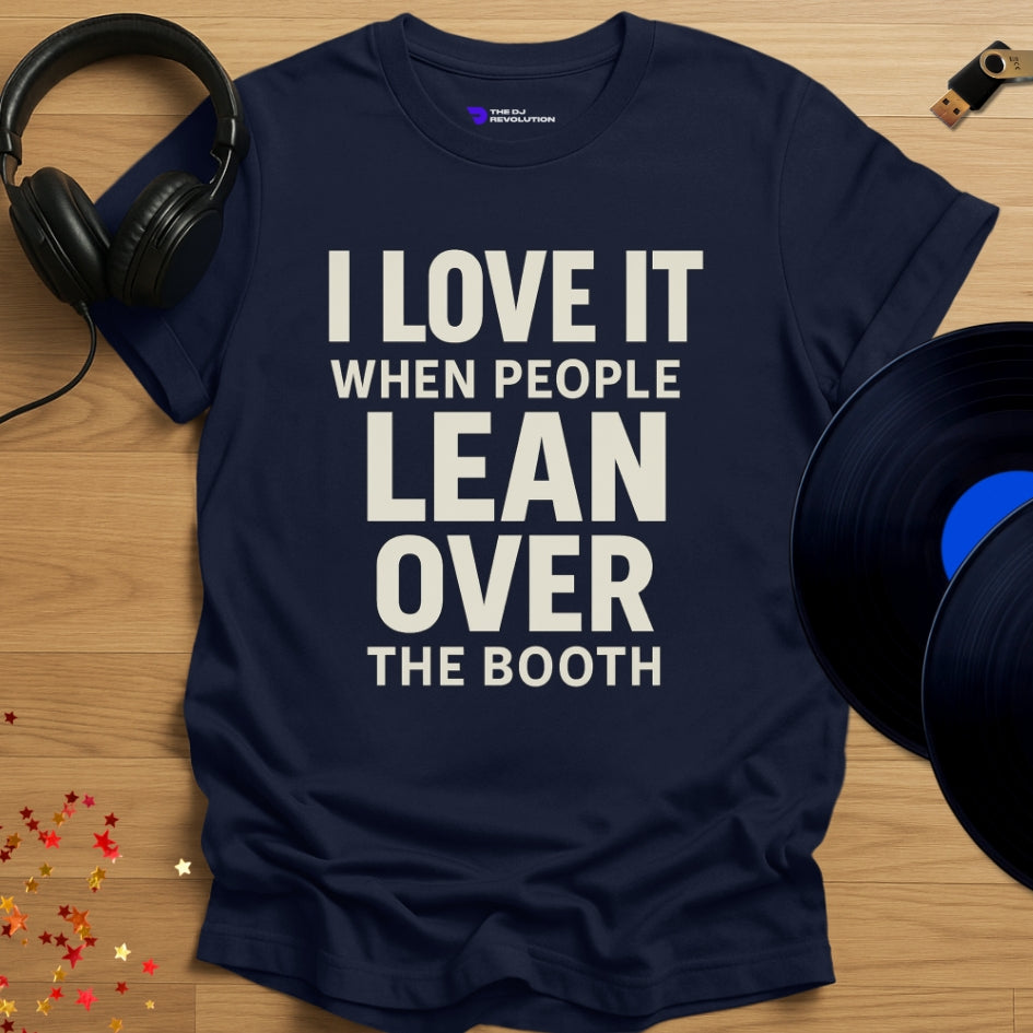 'Booth Leaners', funny sarcastic DJ T-shirt in navy, front view