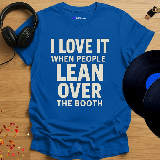 'Booth Leaners', funny sarcastic DJ T-shirt in royal blue, front view