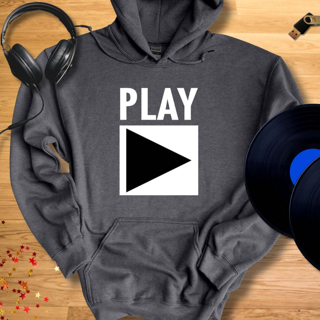 Unisex DJ Hoodie 'Play' design in dark heather, front view