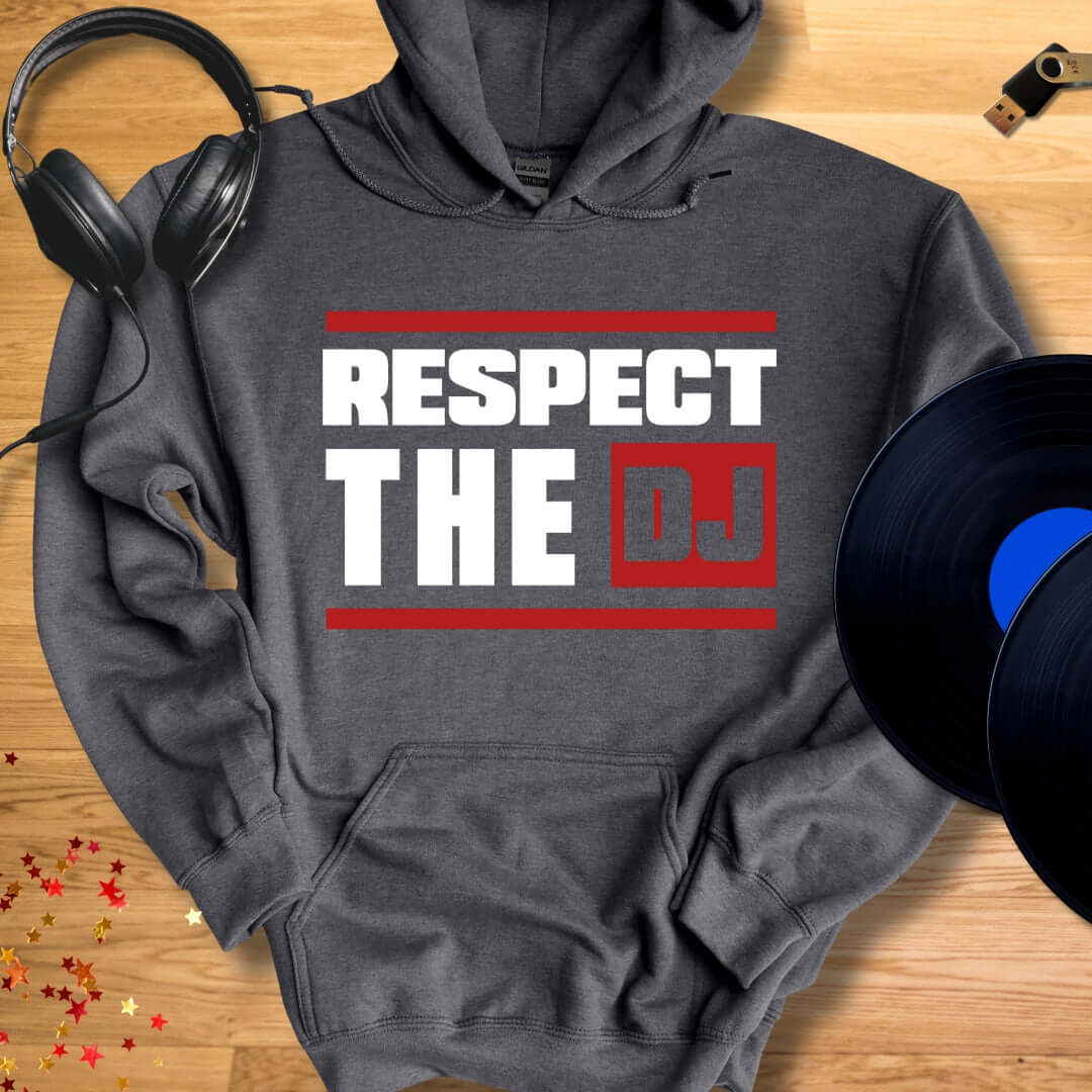 Unisex DJ Hoodie 'Respect The DJ' design in dark heather, front view