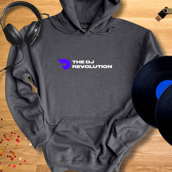 Unisex DJ Hoodie 'The DJ Revolution' design in dark heather, front view